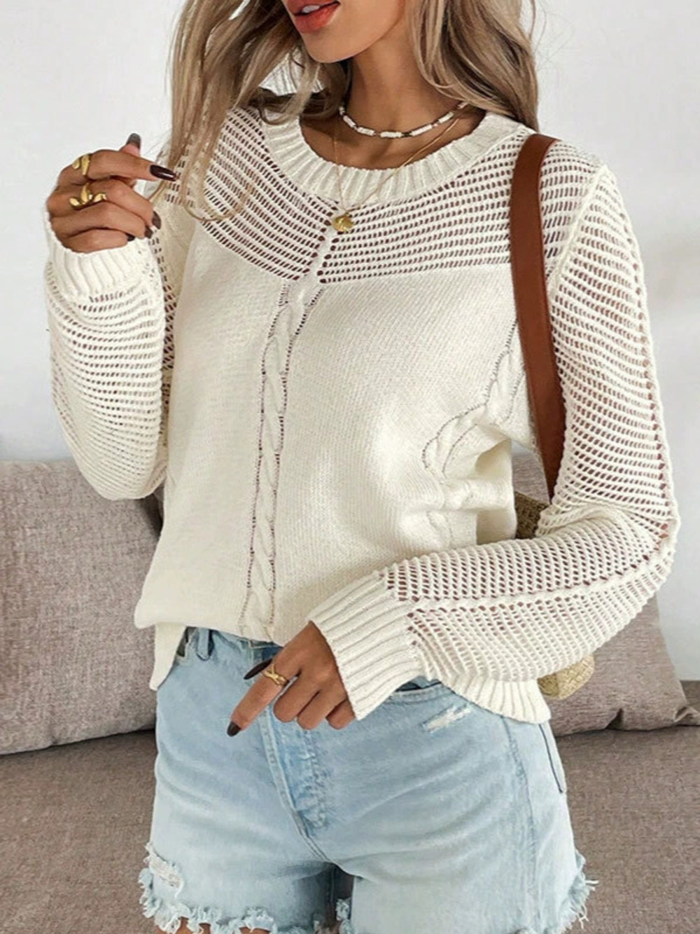 Autumn Winter Hollow Out Loose Round Neck Long Sleeve Knit Pullover Sweater